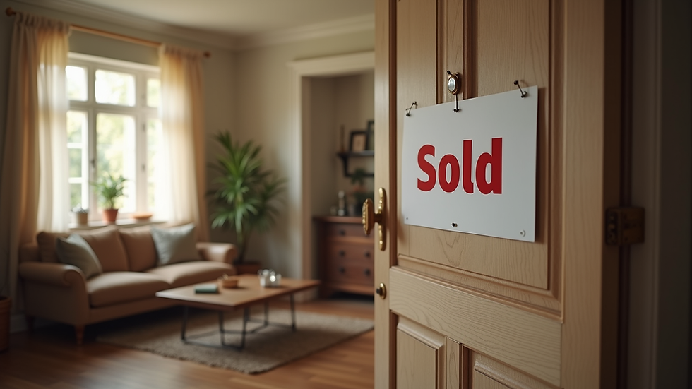 Eye-level view of a cozy living room with a "Sold" sign on the door