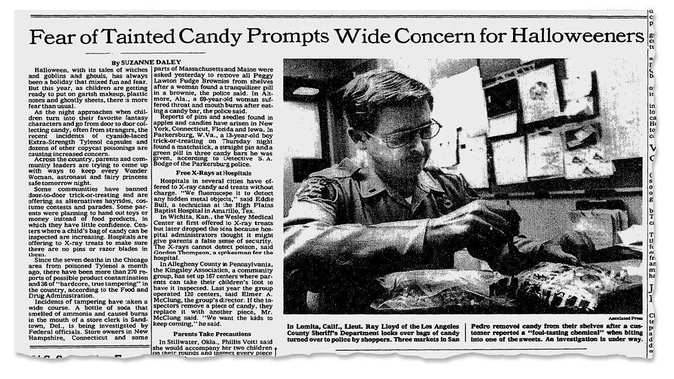c/o The New York Times, "Fear of Tainted Candy Prompts Wide Conern for Halloweeners, by Suzanne Daley.