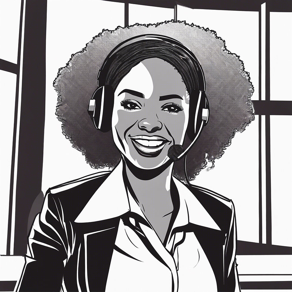 beautiful african american woman working happily at a call center in black in white with P