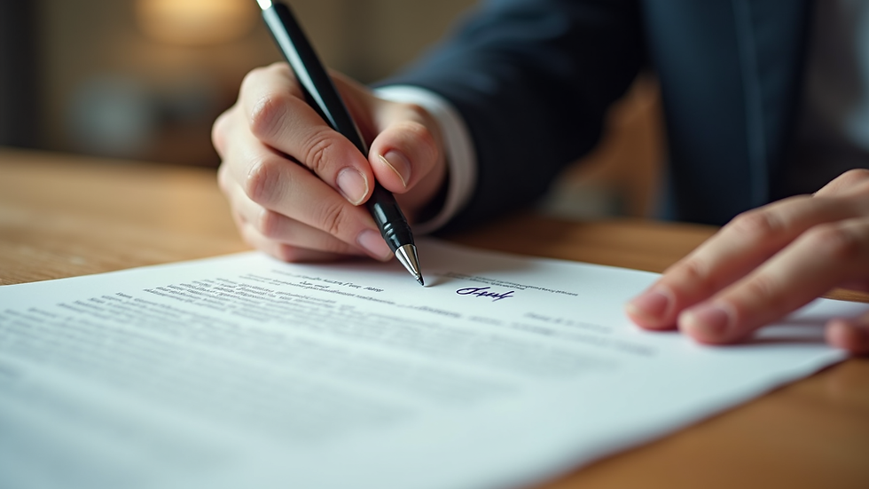 Close-up view of a contract being signed on a wooden table