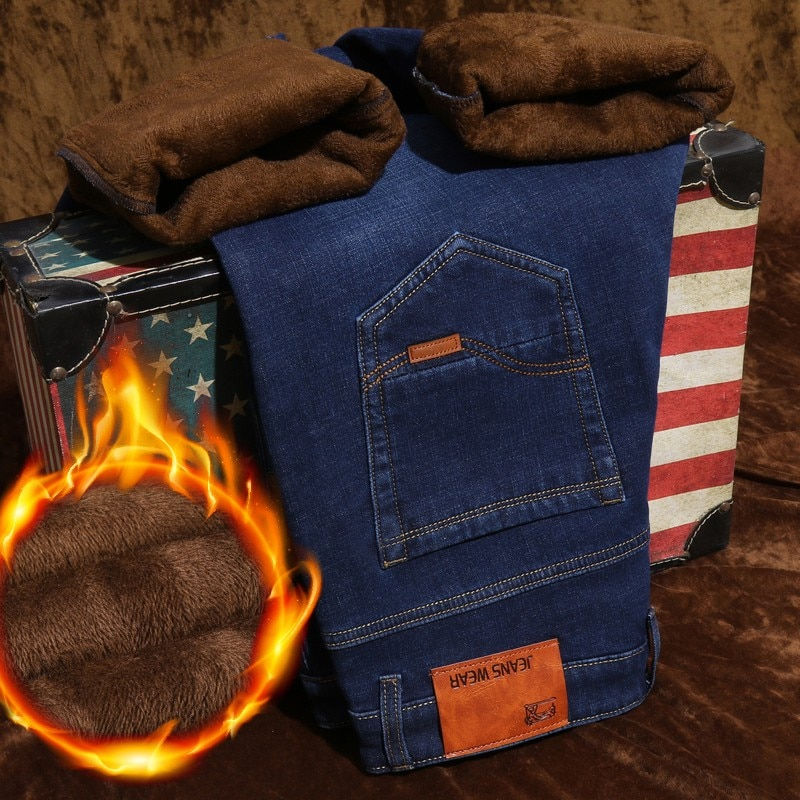 Thumbnail: Men Black, Blue Stretch Denim Pants Warm Jeans