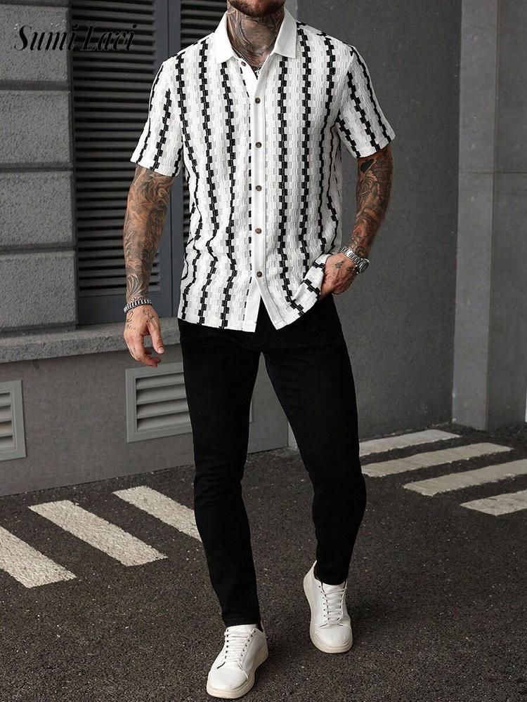 Vintage Plaid Textured Knitted Shirt 2026 Spring Summer Casual Mens Short Sleeve