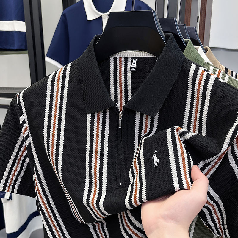 Thumbnail: 2026 New Men's Short Sleeved Striped Lapel Casual Trend T-shirt Zipper Polo Shir