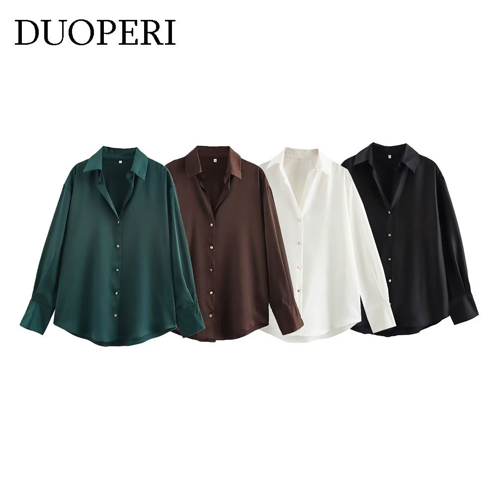 DUOPERI Women Fashion Satin Brown Blouse Lapel Neck Long Sleeves Vintage Female