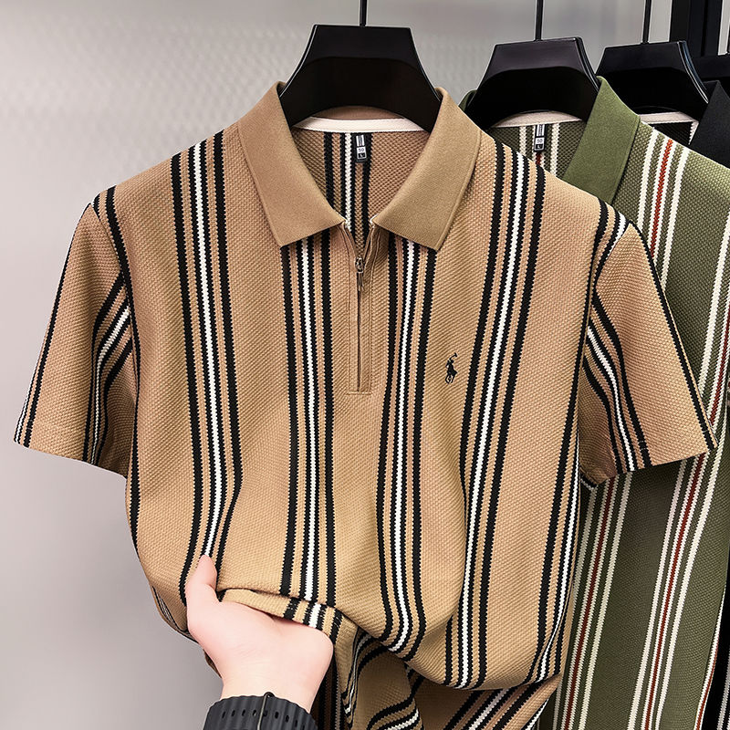 Thumbnail: 2026 New Men's Short Sleeved Striped Lapel Casual Trend T-shirt Zipper Polo Shir