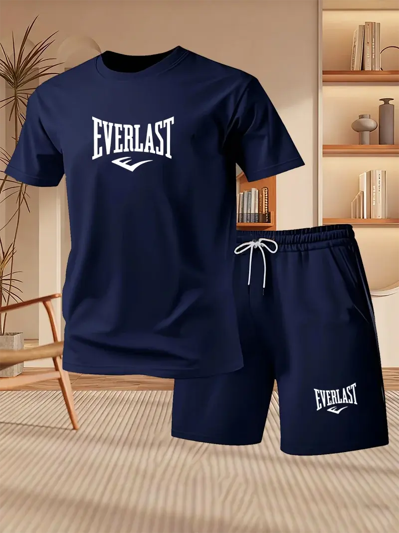 Thumbnail: Men's Summer Running Breathable Sportswear, Short Sleeved T-shirt+printed Shorts