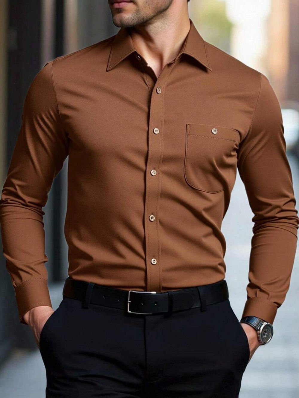 2025 men's casual multifunctional long sleeved wrinkle free solid color elastic