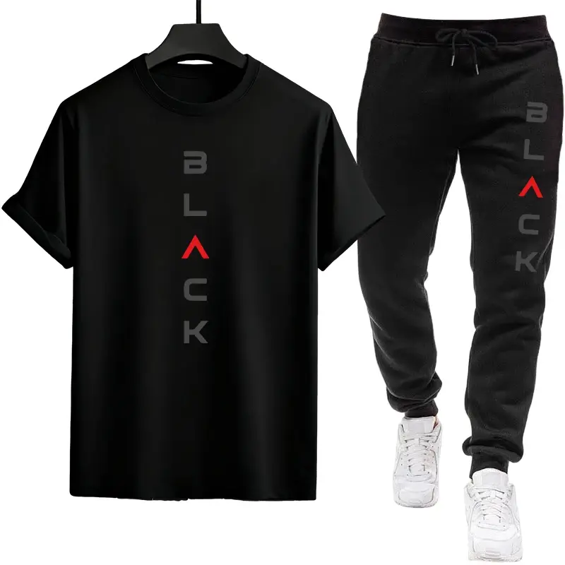 Black Letter Print Mens Tracksuit T-shirt + Pants Urban Causal Sports Outfit Mal