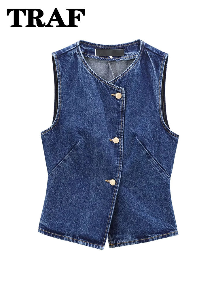 Miniature : Women's Short Vest Autumn Fashion Blue Denim Vest Top Lady Casual Cropped 