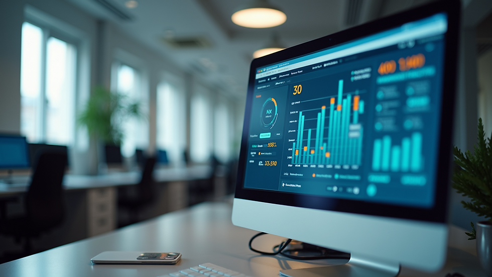 Eye-level view of a modern office with automated HR software on a computer screen