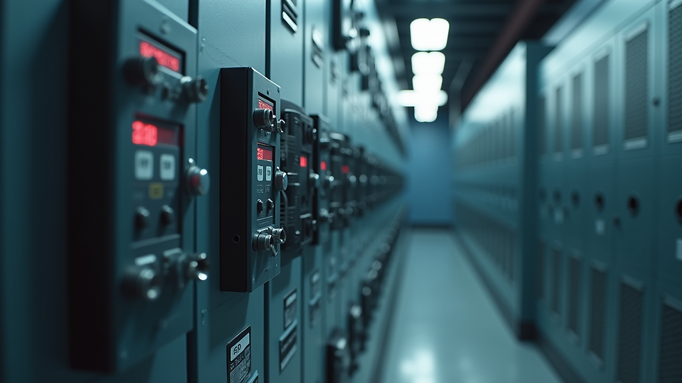 Eye-level view of a modern electrical panel with circuit breakers