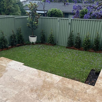 Landscaped backyard with travertine patio