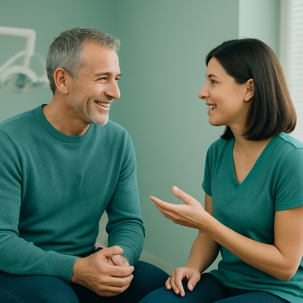 Due persone conversano in modo empatico in un ambiente professionale dai toni verde acqua, simbolo dell’approccio umano e relazionale dell’odontoiatria empatica.