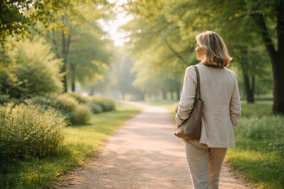 Persona adulta che cammina in un parco come simbolo della gestione del rischio implantare nei pazienti con parodontite trattata.