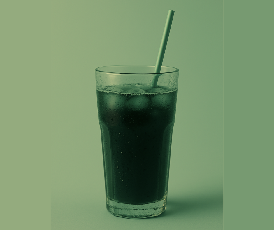 Bicchiere trasparente con cola e cannuccia su sfondo in tonalità verde scuro, colori coordinati alla palette.