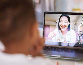 Video call, child and teacher on laptop with screen for online teaching, building blocks o