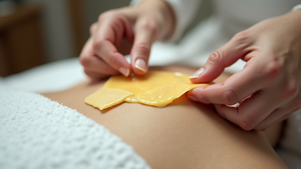 Eye-level view of waxing treatment setup with warm wax and strips