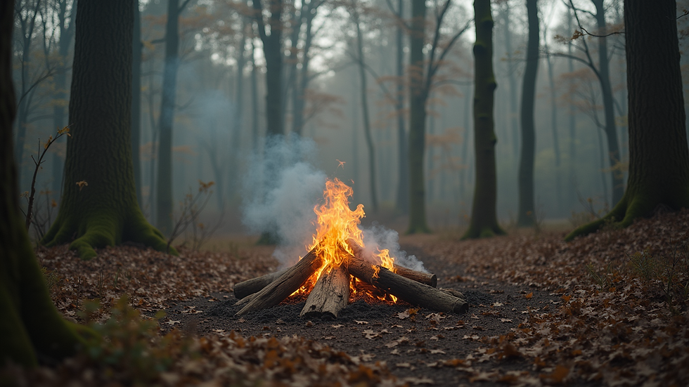 Weitwinkelaufnahme eines schamanischen Ritualplatzes im Wald