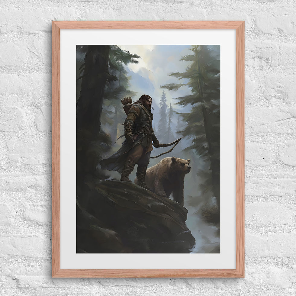 Thumbnail: Lone Hunter and Beast Framed Print – Mystical Wilderness Warrior
