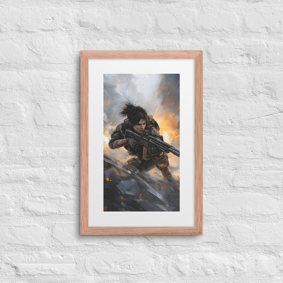 Thumbnail: Elite Female Soldier Framed Gaming Print – Intense Battlefield Art