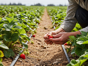 Close-up of lush green organic crops (lettuce, kale, strawberries) with a subtle overlay of a Azogen, an ammoniacal nitrogen liquid fertilizer drop or irrigation system.