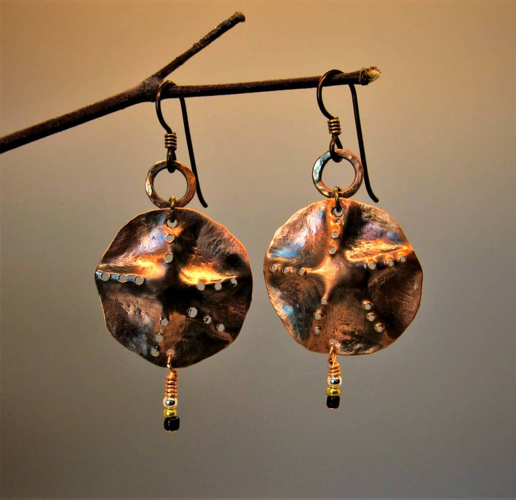 Starfish in forged copper drop earrings, hand crafted, hammered, bead embellish