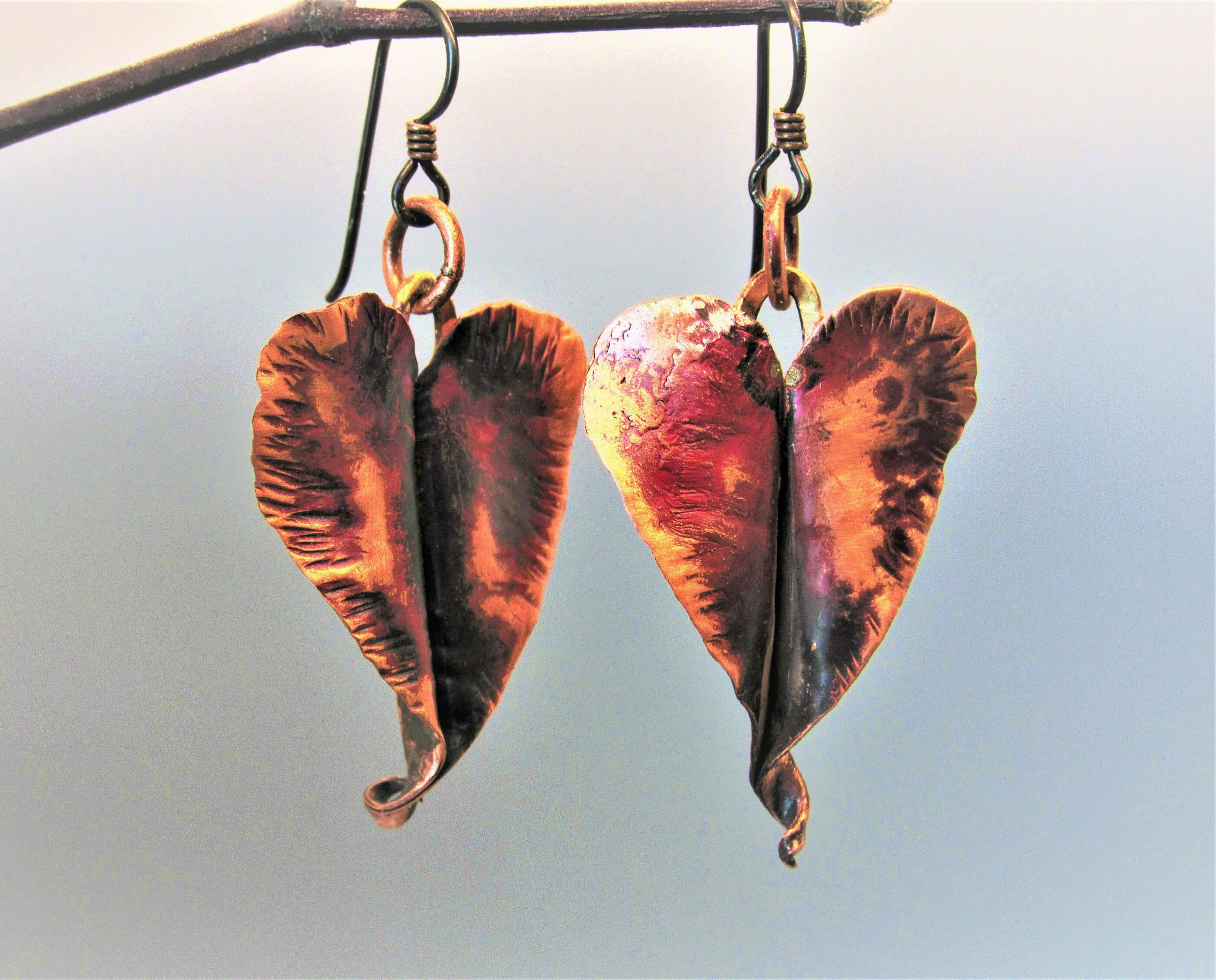 Forged hammered copper heart earrings, Torch fire patina, fold formed