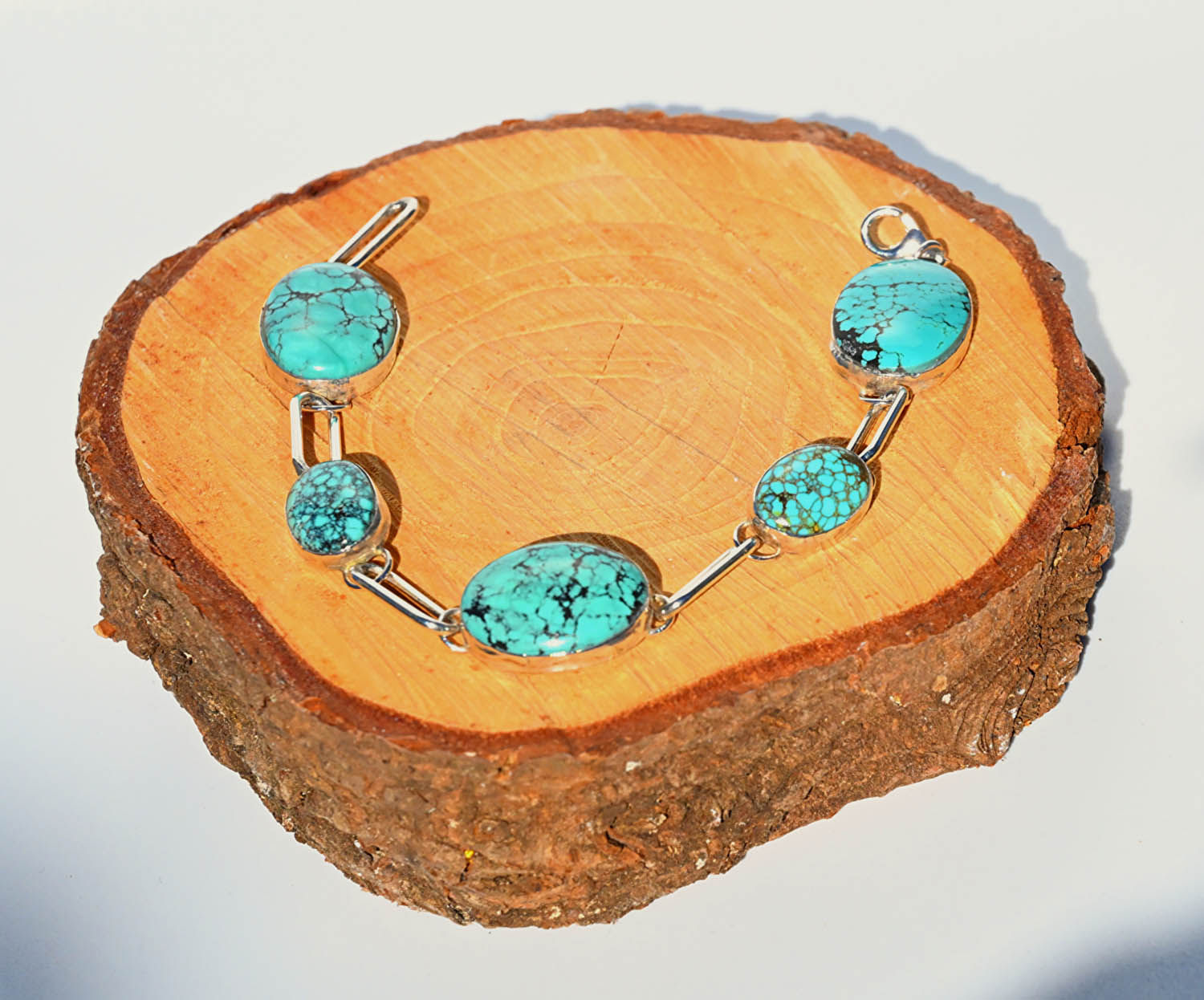 Five Stone Egyptian Turquoise Sterling Silver Link Bracelet