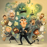 Illustration showing overwhelmed project managers surrounded by chaotic stakeholder creatures
