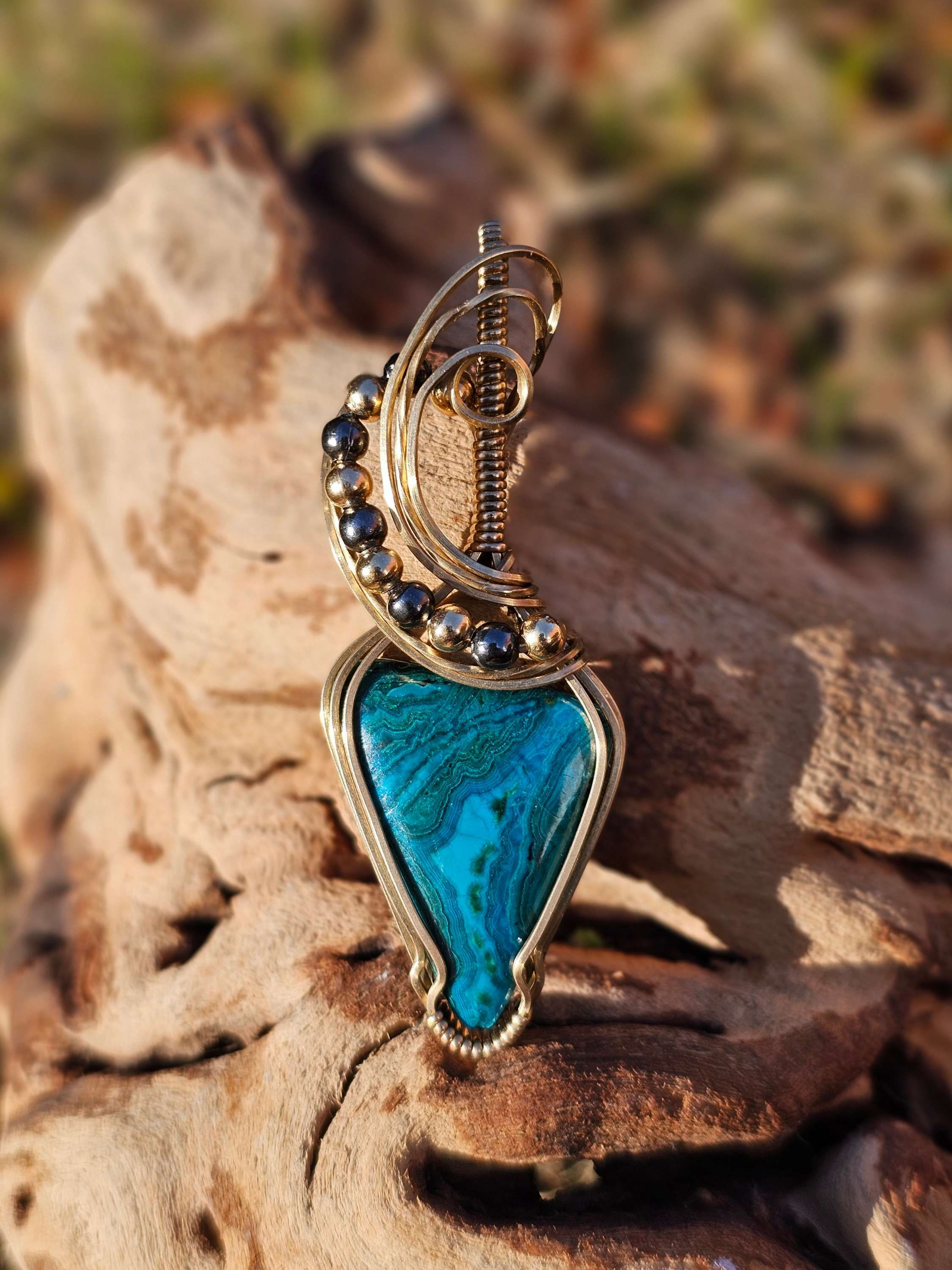 Chrysocolla Malachite in Red Brass Wire Wrapped Necklace