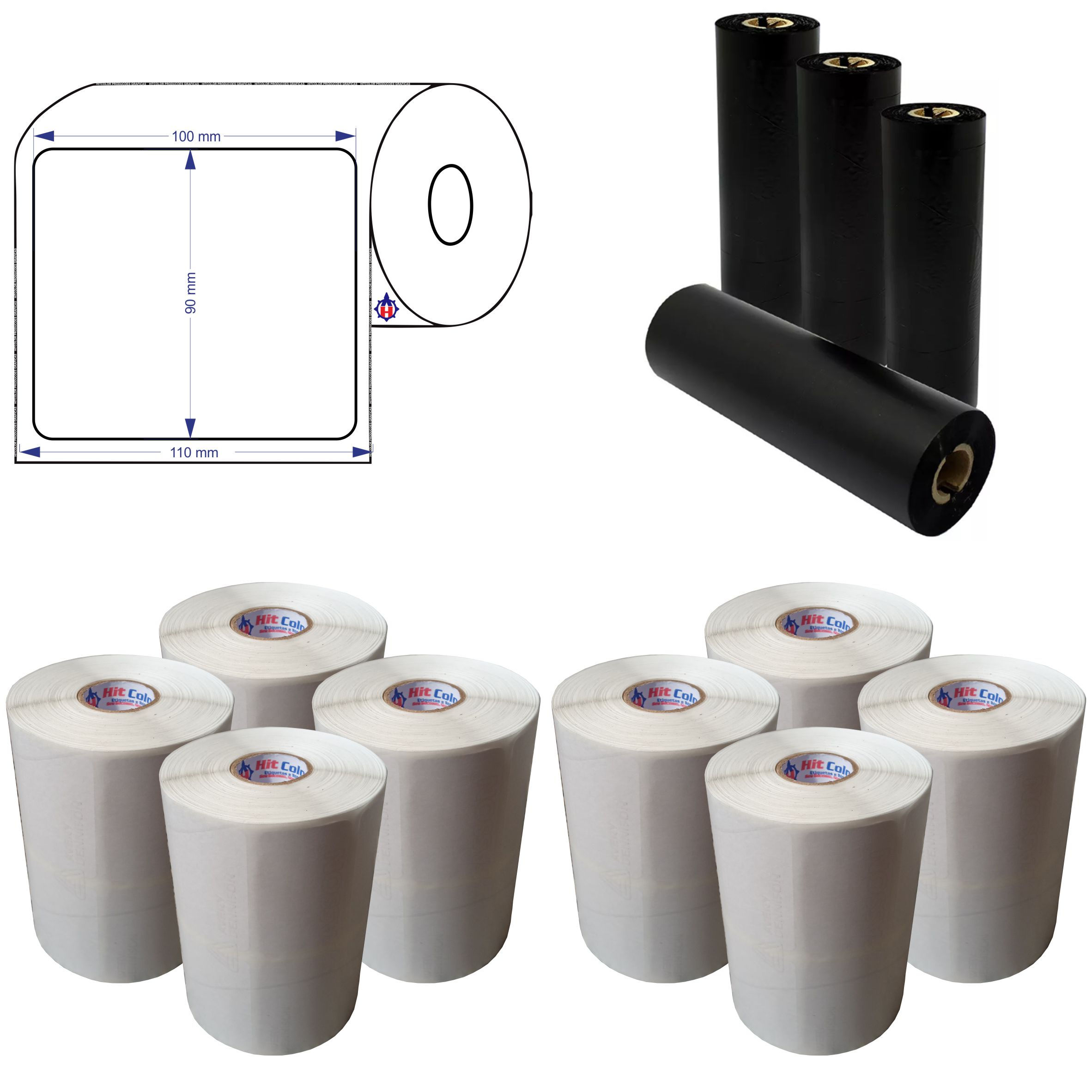 8 Rolos Etiqueta Adesiva Couche 100x90 mm + 4 Ribbons