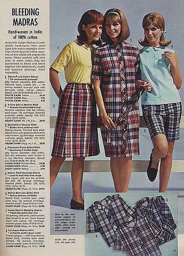 Fashionable trends from the past showcase vibrant "Bleeding Madras" cotton garments, handwoven in India, combining bold plaid patterns with classic cuts for a vintage look.