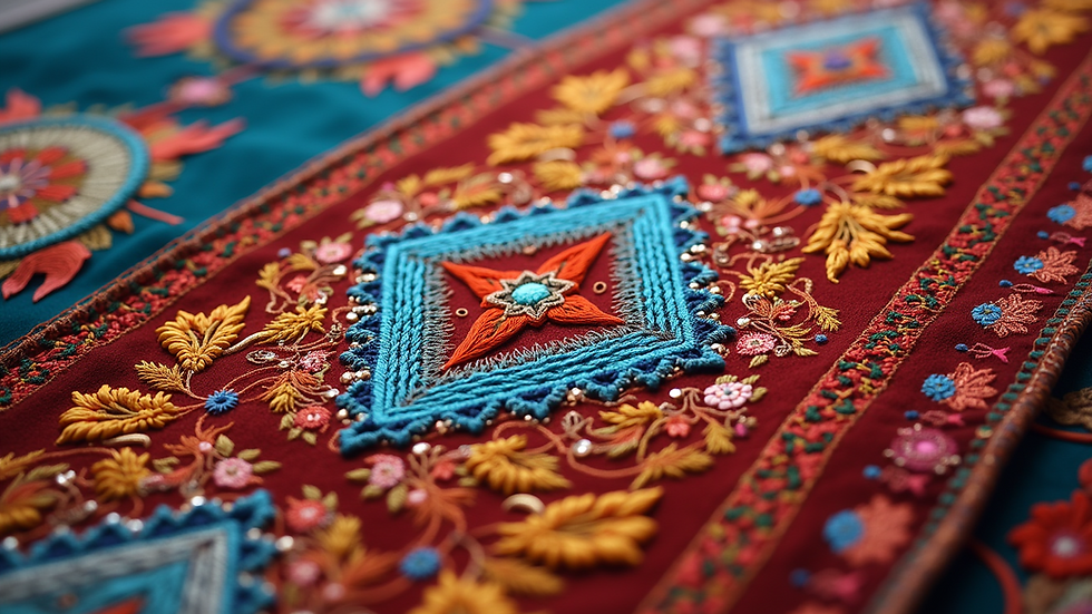 High angle view of a vibrant embroidered textile showcasing mirror work