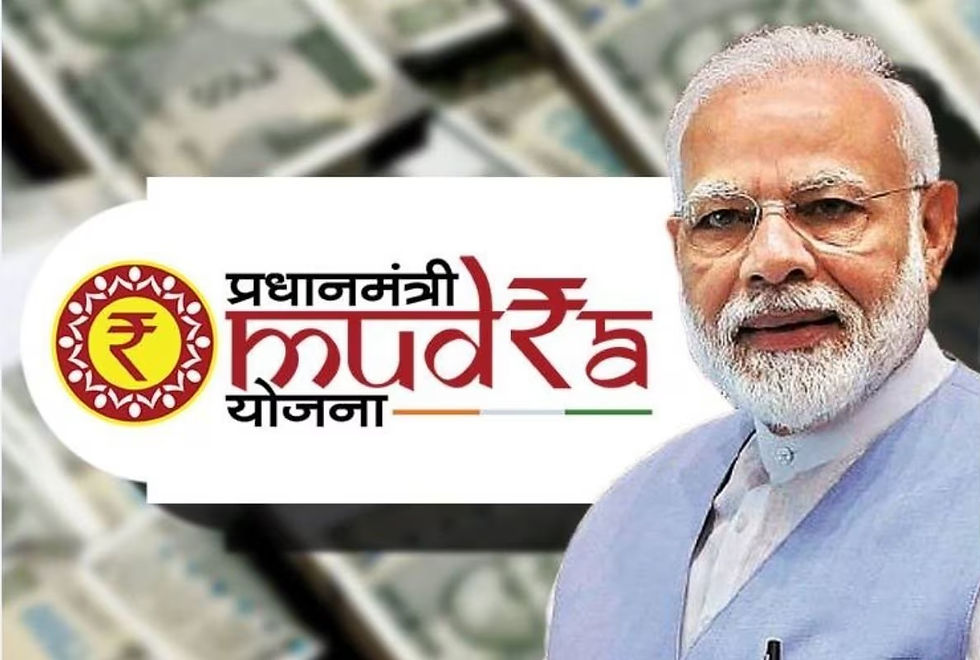 Prime Minister Modi promotes the Pradhan Mantri Mudra Yojana, a financial scheme aimed at providing microfinance to small entrepreneurs in India.