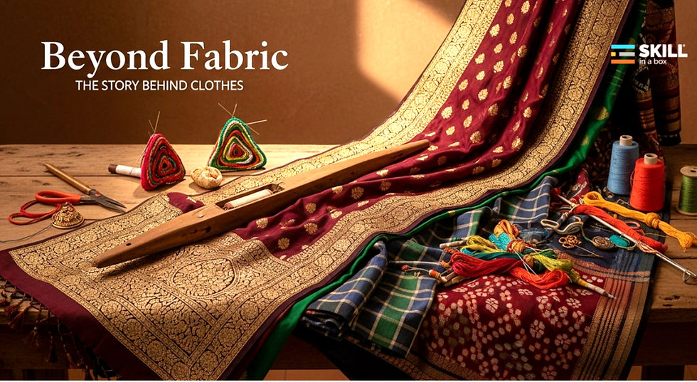 ndian textiles such as a Banarasi saree, Madras checks fabric, and handwoven ikat or bandhani dupatta, placed together to represent diversity of origins. elements like artisan tools (wooden weaving shuttle, embroidery threads, needles, or spools of colorful yarn) to highlight craftsmanship