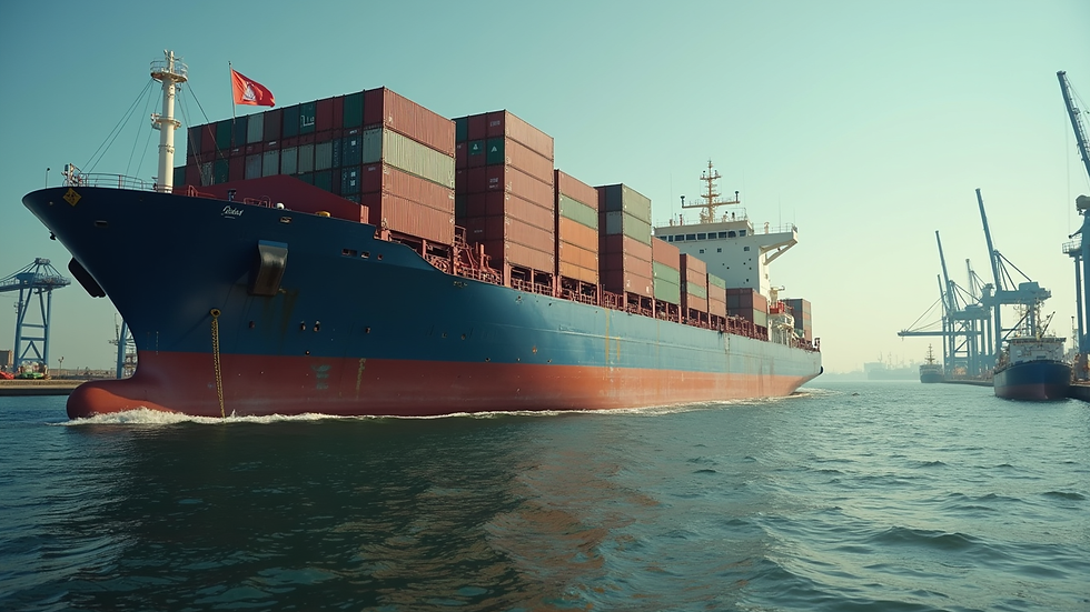 Close-up view of a cargo ship being loaded at a Lusophone African port