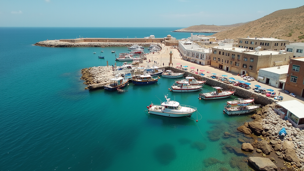High angle view of fishing boats docked at a Cabo Verde harbour