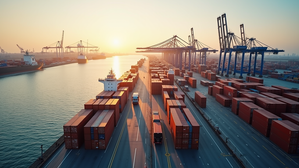 High angle view of a shipping port with containers and cranes