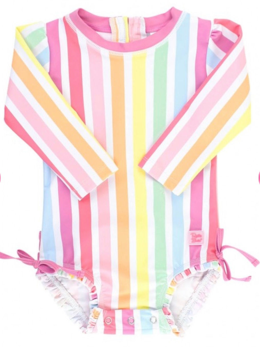 RuffleButts Rainbow Dream Stripe One Piece Rash Guard