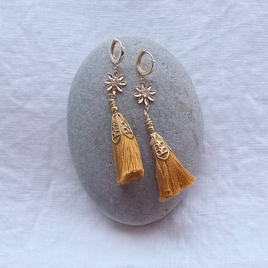 Artisan Golden Tassel Flower earrings for filigree details.