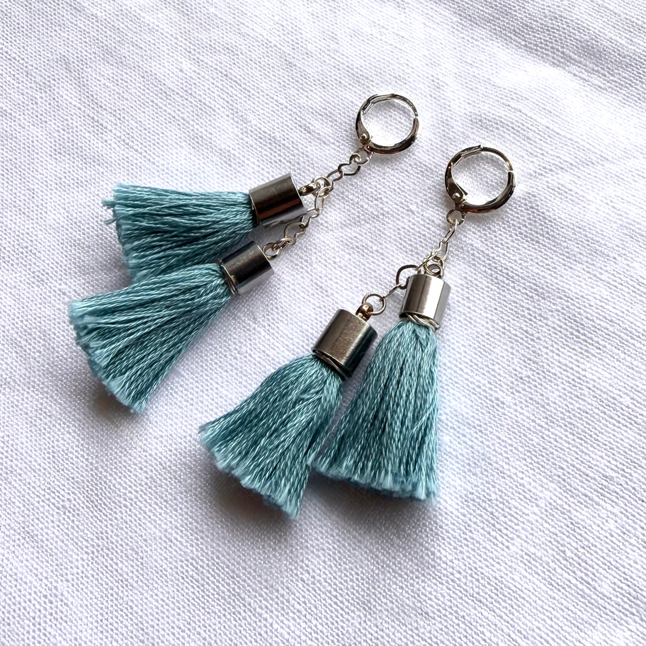 3" Blue Tassel Silver Earring, artisan boho jewelry.