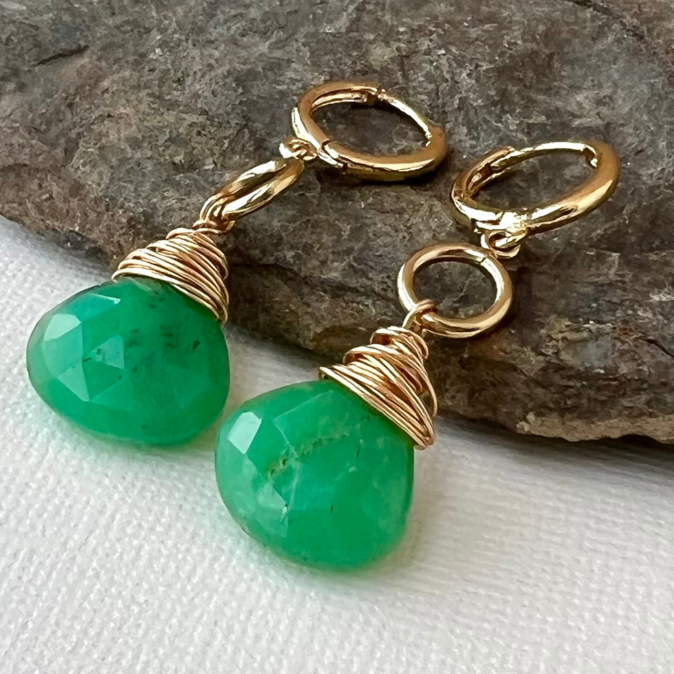 Green Chrysoprase Gold Earring with floating 14K Gold-filled ring on rock.