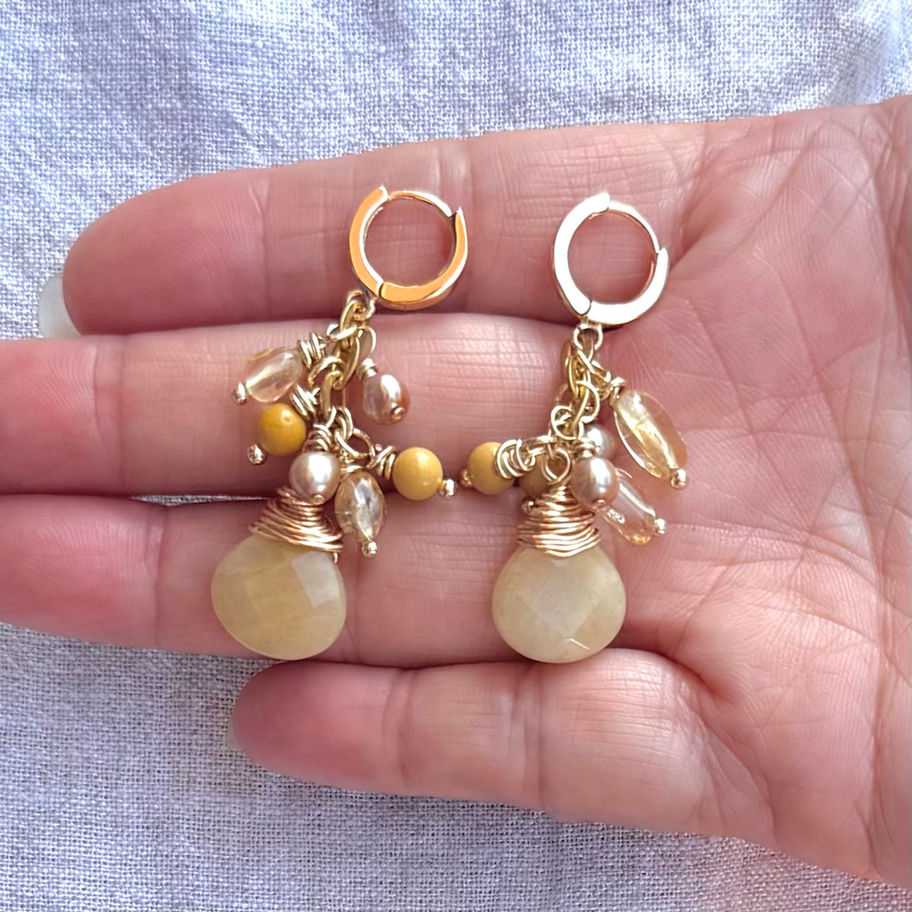 Yellow Aventurine and Citrine Cluster Gold Earrings detail shot.