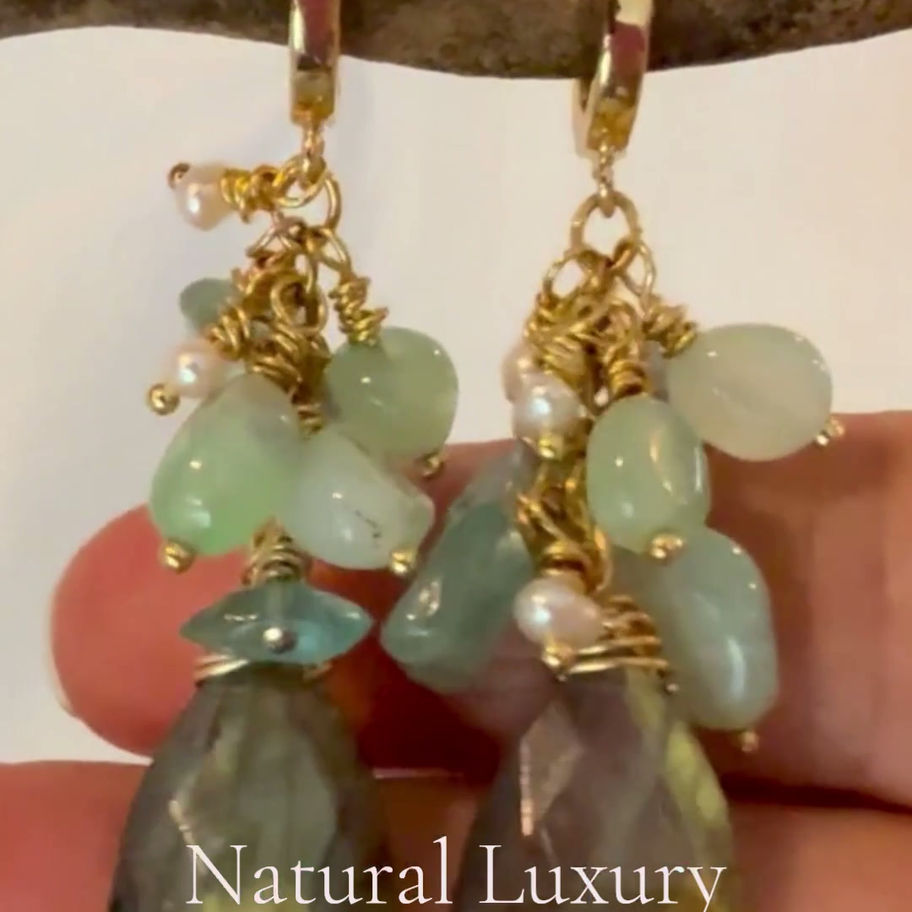 Labradorite & Chrysoprase Gold Cluster Earrings video.