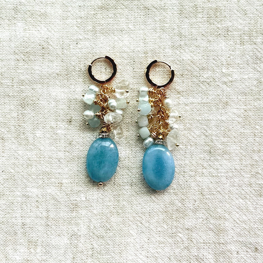 Hero shot of Aquamarine & Pearl Gold Earring. Carol Custom Design