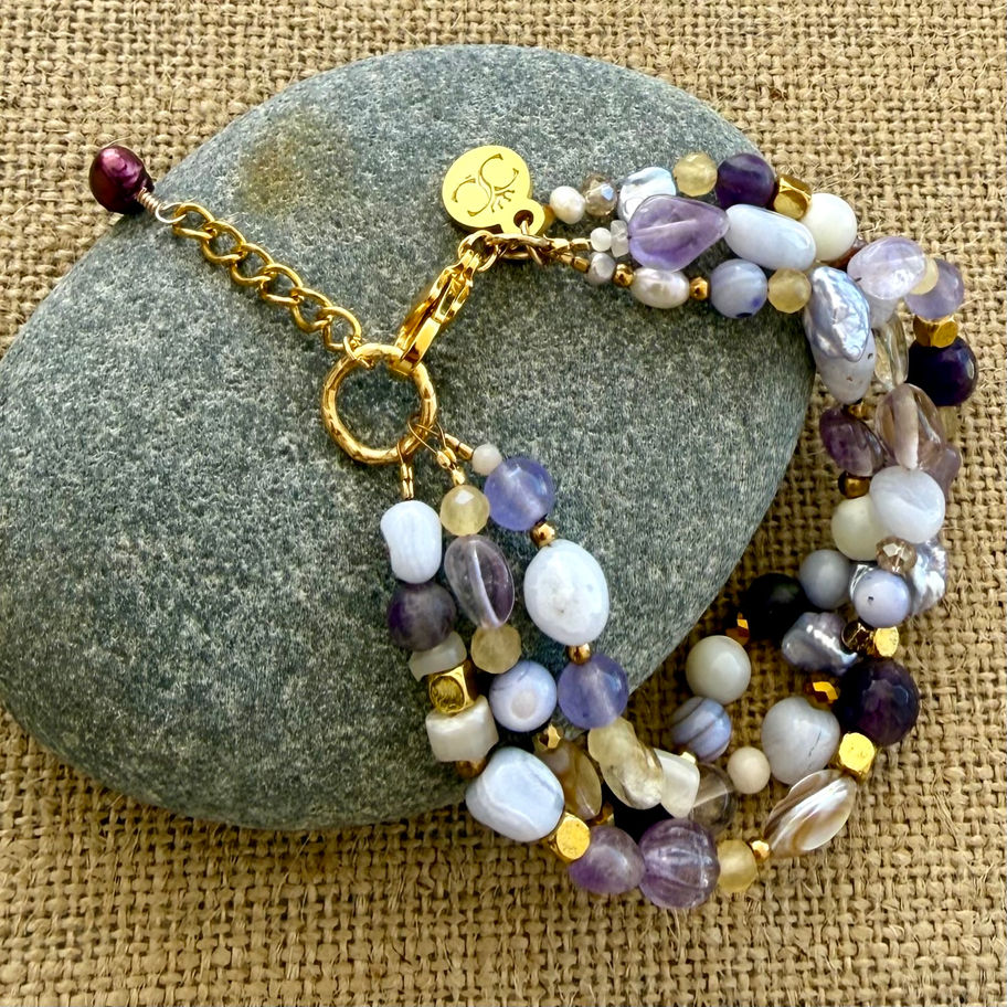 Artisan Amethyst and Lavender Jade Gemstone Bracelet featuring a gold-filled extender with a purple pearl drop.