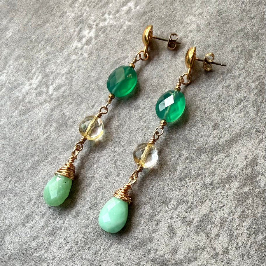 Tres Line Chrysoprase, Citrine & Green Onyx on stone.