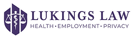 On the left: Lukings Law Logo - three-part purple shield with overlaid symbol that is a cross between the scales of justice and the medical caduceus. On the right: the text LUKINGS LAW on top of the text HEALTH - EMPLOYMENT - PRIVACY, all in purple on white background