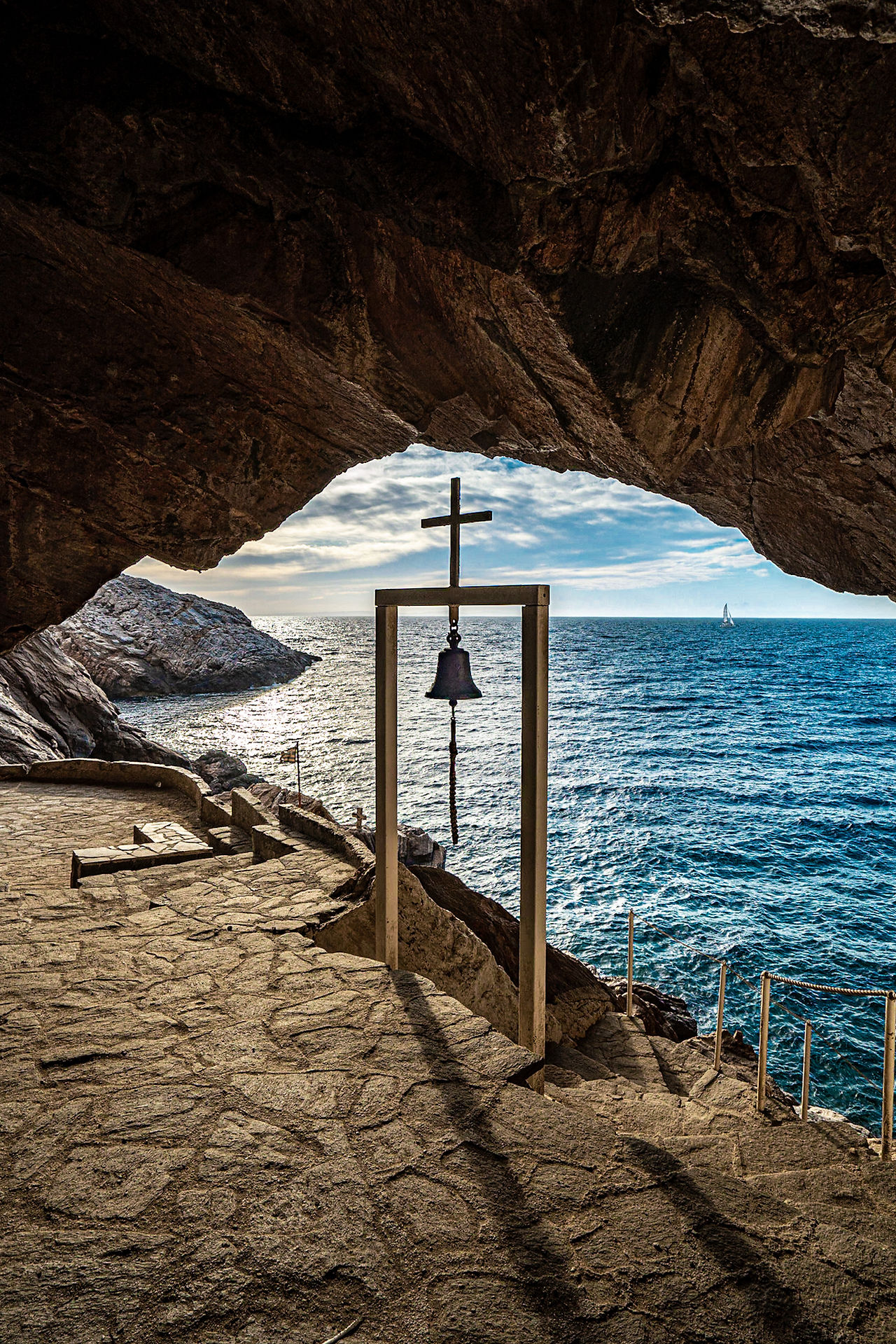 Agios Stefanos inside the sea cave.