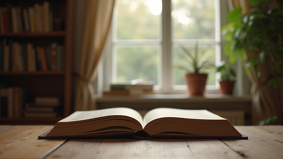 Eye-level view of a cozy reading nook with a stack of books